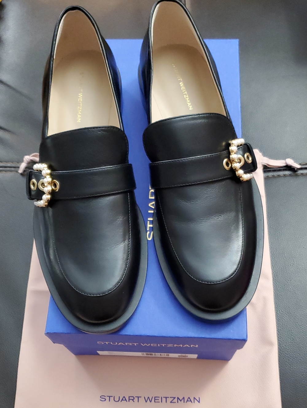 Stuart Weitzman Black Leather Loafers with Pearl-Embellished Gold Buckle